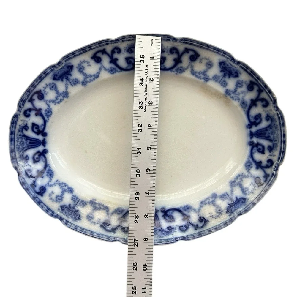 Antique W H GRINDLEY Denton Flow Blue Platter England 1800s Scalloped Edge
